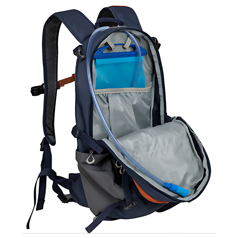 La Mochila de Hidratación Atakama Outdoor Pintor 15L es una mochila de senderismo de color azul oscuro diseñada para brindar comodidad. Cuenta con un compartimento abierto con un depósito de hidratación y un tubo, correas de hombro acolchadas, múltiples bolsillos y un cinturón ajustable, lo que la hace perfecta para aventuras al aire libre.
