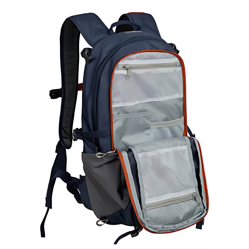 La mochila de hidratación Atakama Outdoor Pintor 15L en azul y gris se presenta con sus bolsillos interiores visibles. Diseñada para actividades al aire libre, tiene correas de hombro acolchadas, un portabotellas lateral y presenta detalles en naranja con una construcción robusta, lo que la convierte en la opción de equipamiento perfecta.