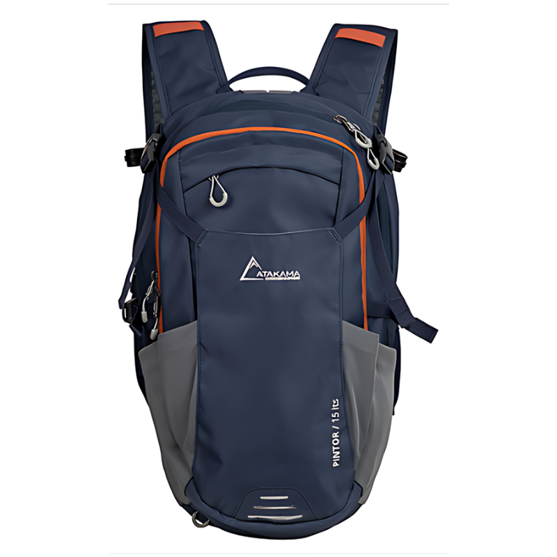 La mochila azul marino Pintor de 25 litros con detalles en naranja de Atakama cuenta con múltiples compartimentos, bolsillos con cremallera y correas de hombro acolchadas. Además, incluye una tira reflectante en la parte inferior para una mayor visibilidad. Este diseño es perfecto para aventuras al aire libre, similar a la Mochila Hidratación Atakama Outdoor Pintor de 15 litros.