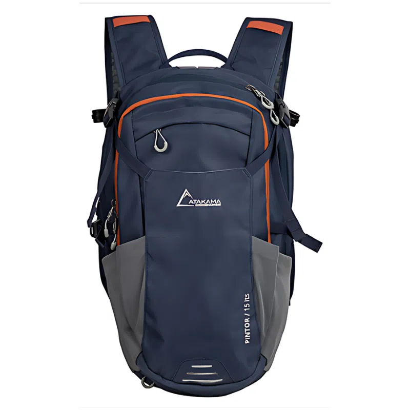 La mochila azul marino Pintor de 25 litros con detalles en naranja de Atakama cuenta con múltiples compartimentos, bolsillos con cremallera y correas de hombro acolchadas. Además, incluye una tira reflectante en la parte inferior para una mayor visibilidad. Este diseño es perfecto para aventuras al aire libre, similar a la Mochila Hidratación Atakama Outdoor Pintor de 15 litros.