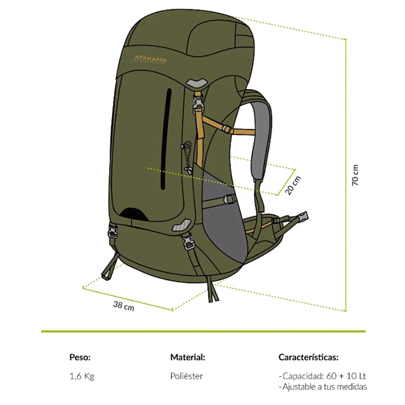 La Mochila Atakama Outdoor Torres del Paine 60+10L en color verde se muestra con una ilustración detallada y sus dimensiones claramente etiquetadas: 70 cm de alto, 38 cm de ancho y 20 cm de profundidad. Ideal para caminatas por Torres del Paine, incluye una correa para la cintura y ofrece una capacidad ajustable de 60 + 10 litros. Fabricada en poliéster duradero, la mochila es liviana, ya que pesa solo 1,6 kg.