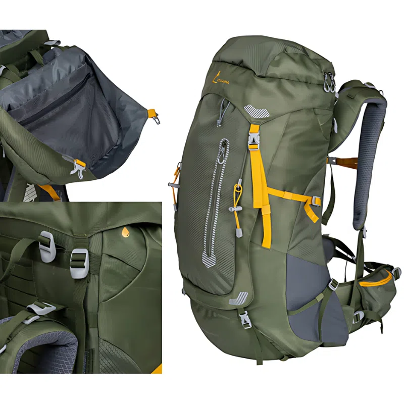 La Mochila Atakama Outdoor Torres del Paine 60+10L es una mochila verde para senderismo con correas ajustables y detalles en amarillo. Incluye varios compartimentos, con un primer plano que revela un clip para el depósito de hidratación y una gran abertura del compartimento principal que enfatiza su espacioso interior.