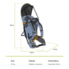 Ilustración de la Mochila Portabebé Atakama Outdoor Leonera, un portabebé para senderismo en color azul y gris con detalles en naranja. Con unas medidas de 84 cm de alto, 66 cm de ancho y 34 cm de profundidad y un peso de tan solo 2,5 kg, este portabebé está fabricado en poliéster y aluminio con una capacidad resistente de 20 kg.