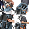Cuatro imágenes de la Mochila Portabebé Atakama Outdoor Leonera en azul y naranja resaltan sus características: un asiento acolchado, correa ajustable, bolsillo para el teléfono, capota parasol y un bolsillo lateral para guardar de forma segura un biberón. Perfecta para aventuras al aire libre con tu pequeño.