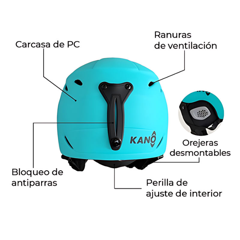 El casco para nieve Aqua Niños Kano viene en color azul agua y está diseñado específicamente para niños. Cuenta con una carcasa de PC, protectores auditivos desmontables, ranuras de ventilación, un bloqueo para las gafas y una perilla de ajuste interior.
