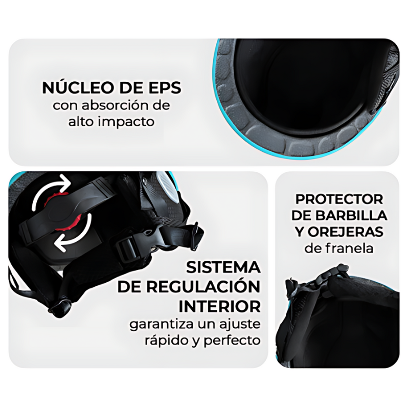 Esta imagen muestra las características del Casco para Nieve Aqua Niños Kano. Arriba a la izquierda: Absorción de alto impacto gracias a su núcleo de EPS. Abajo a la izquierda: Sistema de regulación interior que permite un ajuste rápido y perfecto. Derecha: Protector de barbilla y orejas fabricado en franela para una mayor comodidad.