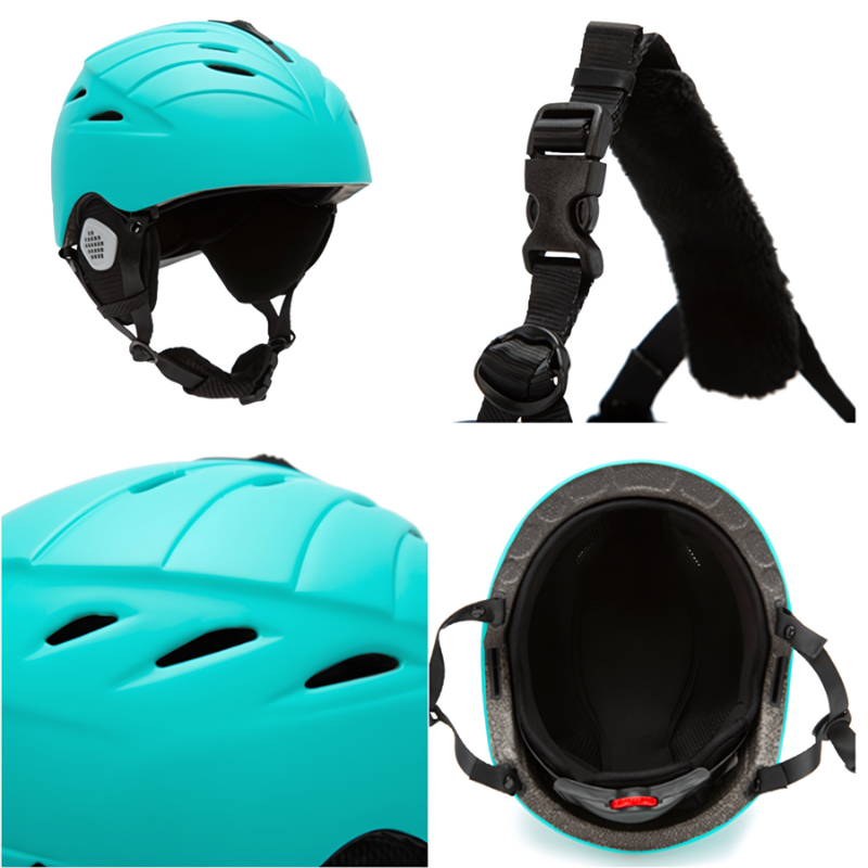 El collage muestra el "Casco para Nieve Aqua Niños Kano", un casco de esquí turquesa ideal para niños. Presenta vistas laterales que resaltan los orificios de ventilación, un primer plano de la correa ajustable para la barbilla, una vista superior de la carcasa exterior y cuenta con el excelente acolchado interior de Kano para una mayor comodidad.
