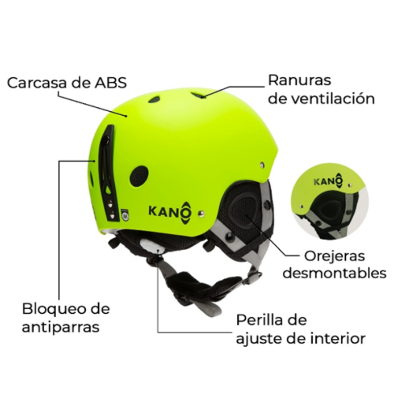 El "Casco para Nieve Niños Kano" en amarillo brillante viene con una carcasa de ABS, ranuras de ventilación, almohadillas para los oídos desmontables, un bloqueo para las gafas y una perilla de ajuste interior. La marca "KANO" se muestra en el lateral.