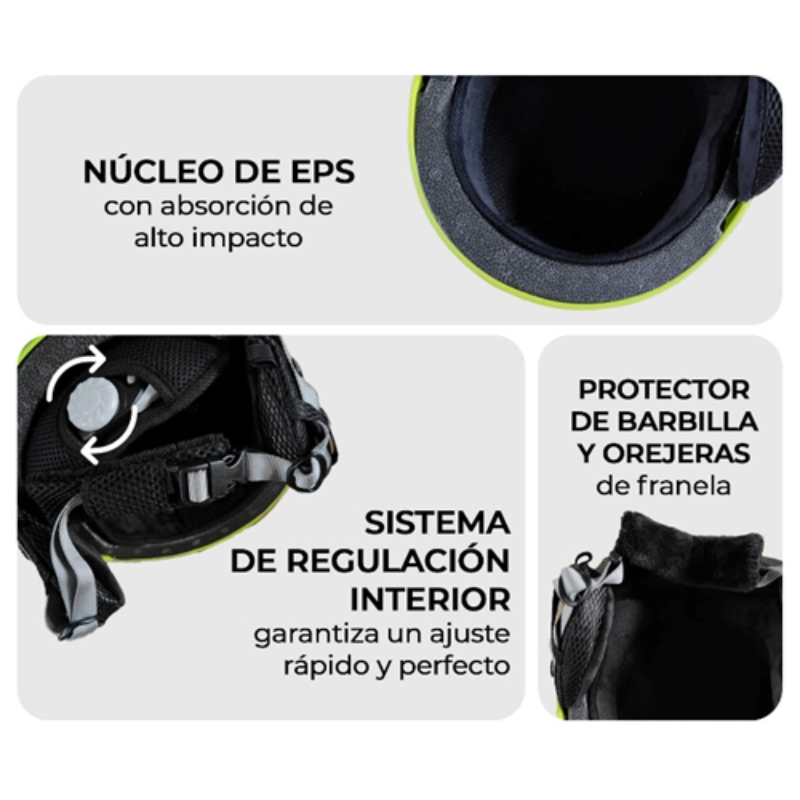 La imagen muestra el Casco para Nieve Niños Kano, destacando su núcleo de EPS con absorción de alto impacto, sistema interior ajustable de ajuste rápido y protecciones para el mentón y las orejas cubiertas de franela.