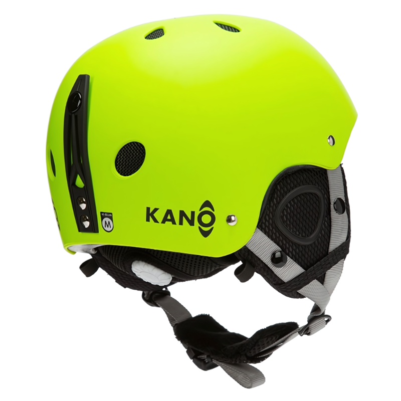 El casco para nieve niños Kano, de un vibrante color amarillo verdoso, cuenta con orificios de ventilación negros y una correa para la barbilla, lo que lo hace ideal para los jóvenes aventureros. También cuenta con almohadillas para las orejas y una correa ajustable para garantizar la comodidad y la seguridad.