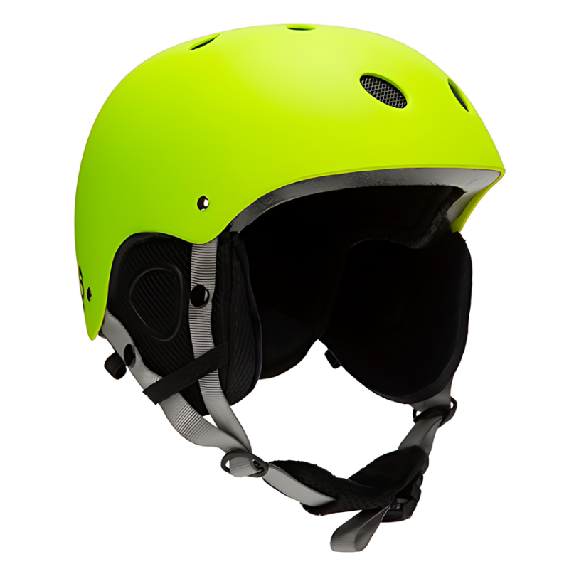 Un casco vibrante en un tono verde amarillento, similar al Casco para Nieve Niños Kano, incluye orificios de ventilación, un interior acolchado y correas ajustables. Es ideal para andar en bicicleta o en patineta y se destaca sobre un fondo blanco.