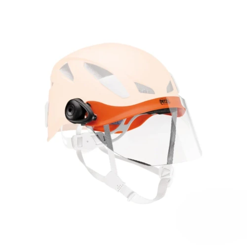 Pantalla protectora facial Petzl Vizion montada en casco, ideal para escalada en hielo, con protección antivaho y ajuste seguro