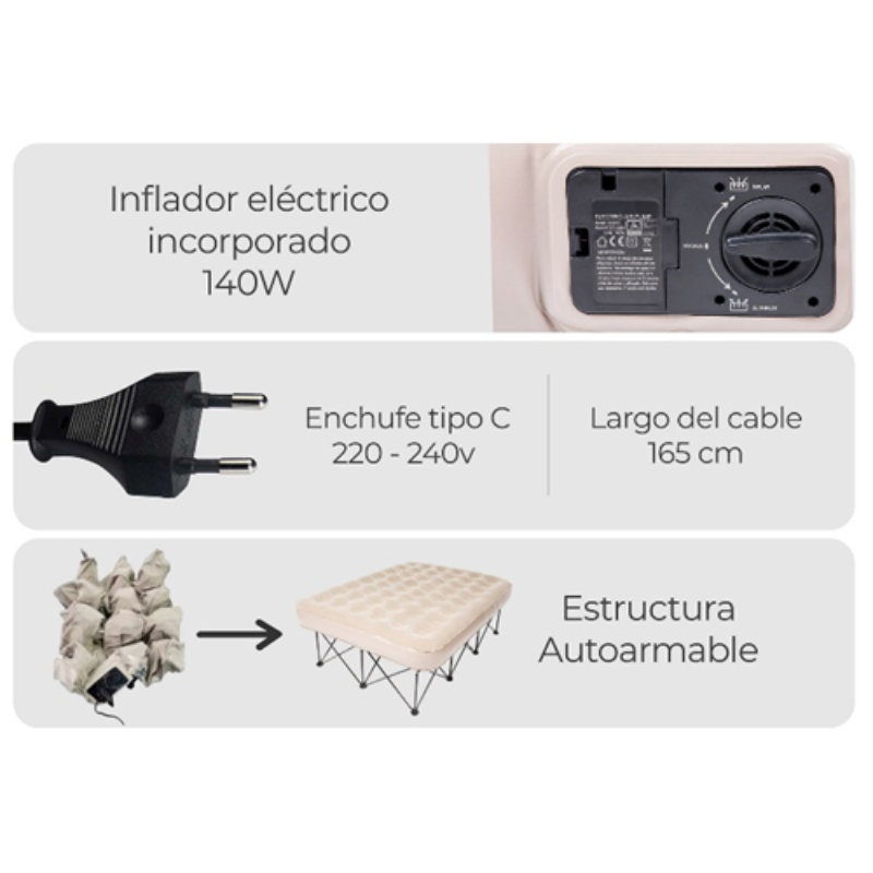 Explora nuestra infografía que muestra la eficiente bomba de aire eléctrica diseñada para tu Colchón Eléctrico Autoarmable con Estructura Kano. Con 140 W de potencia, un enchufe tipo C compatible con tomas de corriente de 220-240 V y un cable de 165 cm, esta herramienta garantiza una rápida instalación y comodidad para cualquier colchón inflable.