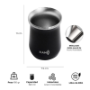 Imagen del Mate Térmico Acero Inoxidable Kano en color negro, elaborado en acero inoxidable de doble pared. Tiene un diseño elegante y cilíndrico con dimensiones de 11 cm de alto y 7,5 cm de diámetro. Los íconos indican su peso de 180 g, una capacidad de 320 ml, material libre de BPA y una durabilidad robusta.