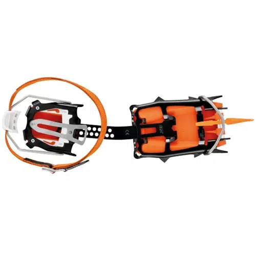 Los Crampones Modulables Petzl Lynx 2024, diseñados para escalada, cuentan con clavos metálicos ajustables, garantizan un ajuste perfecto con su sistema de correas seguras para el calzado y ofrecen un diseño elegante y liviano en llamativos colores naranja y negro.
