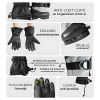 Vista detallada de los guantes multifuncionales Guantes de Nieve Pro Kano, que muestra características como clips antipérdida, palmas antideslizantes, un bolsillo impermeable, puños ajustables para las muñecas, una correa de sujeción, puntas de los dedos compatibles con pantalla táctil y un cordón antipérdida seguro. Incluye texto descriptivo e ilustraciones.