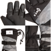 Un collage de guantes de invierno negros de la colección Guantes de Nieve Pro Kano. La imagen superior izquierda resalta los dedos de los guantes, mientras que la superior derecha muestra el logotipo "KANO". La inferior izquierda presenta un pequeño bolsillo con cremallera que contiene una tarjeta de crédito y la inferior derecha muestra una correa ajustable adornada con una etiqueta "KANG".