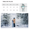 Una tabla de tallas en español para Guantes de Nieve Pro Kano muestra las medidas de las tallas S a XL, acompañadas de ilustraciones sobre cómo medir el largo y el ancho de la mano. Debajo de la tabla, hay una imagen de una persona vestida con ropa de invierno, parada en un entorno nevado mientras sostiene una tabla de snowboard.