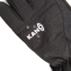 El "Guante de Nieve para Ski Kano" es un guante de esquí impermeable de color negro que presenta gotas de agua en su superficie. El guante muestra la palabra "KANO" y un logotipo en el dorso de la mano, lo que resalta su material resistente al agua de calidad superior, perfecto para aventuras en la nieve.
