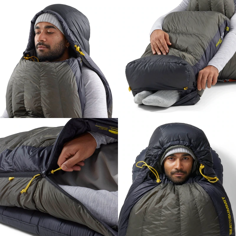 Una persona, abrigada con un saco de dormir Pluma Sea to Summit Spark Pro gris oscuro y verde oliva, sube la cremallera de la capucha. Otra imagen la muestra descansando con los pies dentro, realzada por cordones amarillos brillantes.