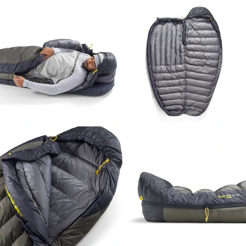 Collage de cuatro imágenes que muestran un Saco de Dormir Pluma Sea to Summit Spark Pro en gris: arriba a la izquierda con una persona adentro; arriba a la derecha con la cremallera completamente abierta; abajo a la izquierda se muestra el acolchado interior; abajo a la derecha resalta el espacio para los pies y los detalles de la cremallera.