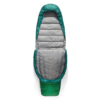 El saco de dormir pluma Sea to Summit Ascent se presenta plano, mostrando su exterior verde y su interior acolchado gris. El saco de dormir presenta un diseño ceñido estilo momia con una capucha en la parte superior y un espacio para los pies en la parte inferior.