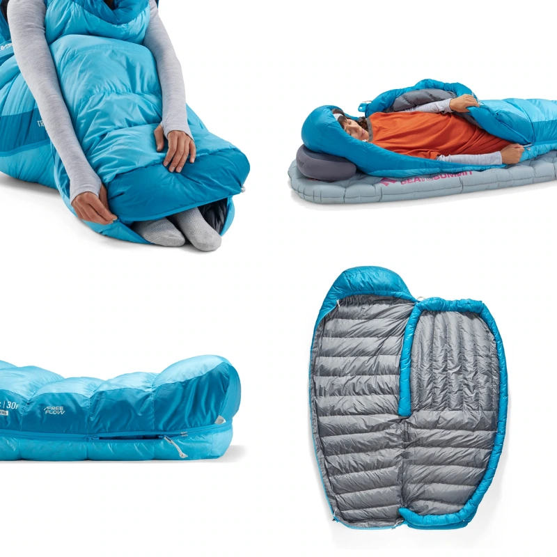 Una serie de imágenes muestra el saco de dormir azul Sea to Summit Trek -9 °C para mujeres. Una lo muestra como un chal, otra con alguien abrigado en su interior sobre una colchoneta para dormir y dos destacan su forma y diseño interior únicos.