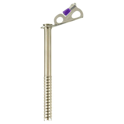 Un tornillo para hielo de metal Black Diamond de 13 cm de largo, con un mango estriado y un mango en forma de bucle en la parte superior para escalar en superficies de hielo. El mango cuenta con una pequeña pieza de goma violeta para el agarre. Este "tornillo para hielo" garantiza una colocación segura incluso en condiciones de hielo difíciles.