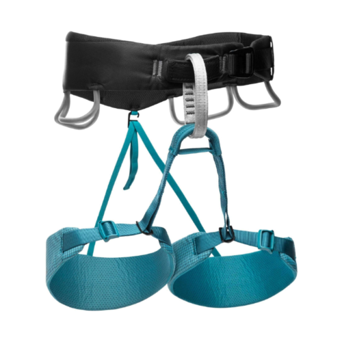 El arnés para mujer Black Diamond Momentum, disponible en un llamativo color verde agua, cuenta con correas ajustables y múltiples presillas para equipo para mayor seguridad y apoyo durante las actividades de escalada.