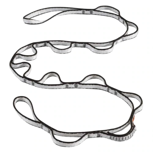 Una cadena tipo margarita Dynex de Black Diamond, con un elegante diseño en negro y gris, presenta múltiples bucles de 12 mm distribuidos sobre un fondo blanco. Estos bucles espaciados de manera uniforme están diseñados para diversas aplicaciones de escalada.