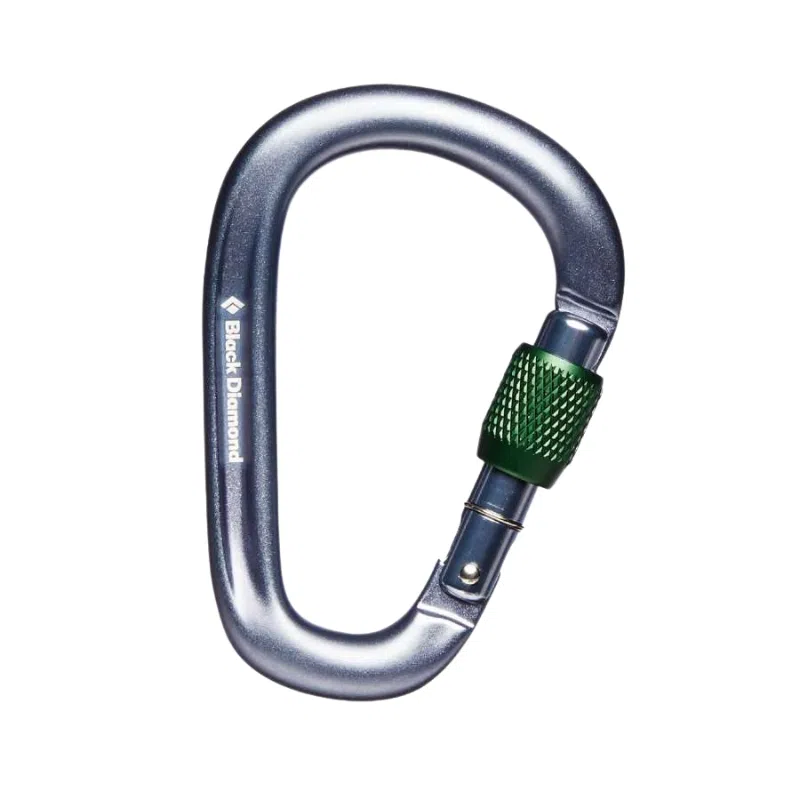 El “Mosquetón Black Diamond Pearlock Screwgate – Color Gris” presenta un cuerpo plateado con un mecanismo de cierre de rosca verde y el reconocible logotipo “Black Diamond”, sobre un fondo blanco prístino.