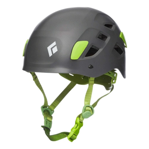 El casco Black Diamond Half Dome en un elegante color pizarra cuenta con clips de ventilación verdes, una correa de barbilla ajustable verde y un logotipo geométrico blanco. Sus múltiples ventilaciones garantizan un flujo de aire óptimo y seguridad para tus aventuras de escalada.