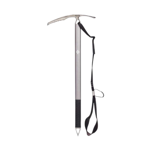 El piolet Raven de Black Diamond, de 65 cm, presenta un elegante diseño plateado con empuñadura y correa de muñeca de color negro. Tiene una punta afilada en la parte superior y una punta puntiaguda en la parte inferior, lo que lo hace ideal para aventuras de montañismo y escalada en hielo.