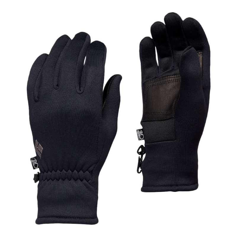 Se muestran dos guantes de invierno Black Diamond. Uno de ellos muestra la parte posterior con una pequeña etiqueta con el logotipo, mientras que el otro revela la palma con una zona de agarre texturizada. Ambos tienen puños elásticos y clips para unirlos, con tecnología Screentap que mejora su practicidad.