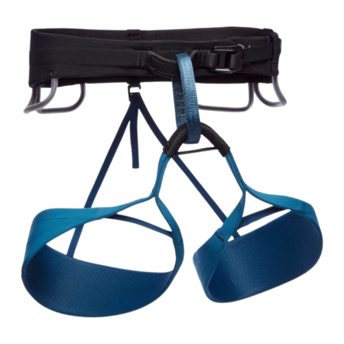 Presentamos el Black Diamond Arnés: un arnés de escalada azul y negro con perneras y portamaterial ajustables, diseñado para la seguridad y la comodidad en actividades de escalada en roca.