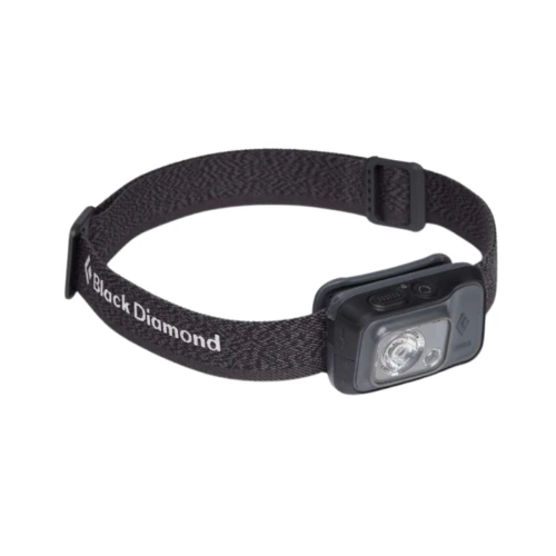 Una linterna frontal Black Diamond con una correa negra ajustable, que presenta una sección de luz rectangular y dos botones en la parte superior, también es recargable para mayor comodidad.
