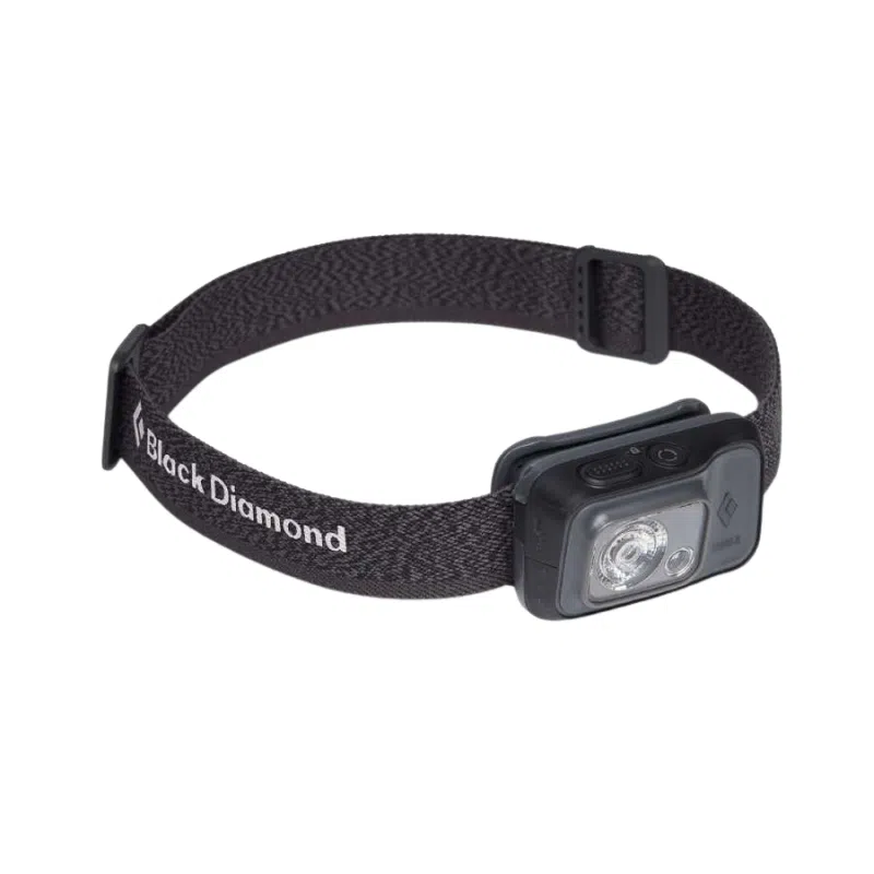 Una linterna frontal Black Diamond con una correa negra ajustable, que presenta una sección de luz rectangular y dos botones en la parte superior, también es recargable para mayor comodidad.