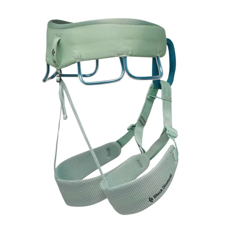 El arnés Black Diamond Momentum Mujer, en color verde claro, cuenta con presillas ajustables para las piernas y resistentes presillas portamaterial para mantenerse en posición vertical. El logotipo de Black Diamond se muestra de forma destacada en el cinturón y el arnés incluye múltiples presillas portamaterial azules para sujetar el equipo de escalada.
