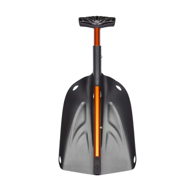 La pala quitanieves compacta Pala Black Diamond Deploy presenta una llamativa hoja negra combinada con un mango de color naranja brillante y está equipada con un cómodo agarre en forma de T. Su diseño robusto incluye dos orificios laterales cerca de la base, lo que permite colocarla o colgarla fácilmente, lo que la hace ideal para uso en exteriores.