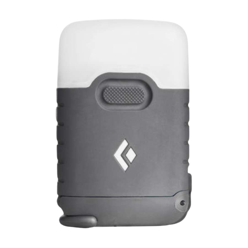 La Linterna Zip Black Diamond, una linterna portátil de color gris con una parte superior blanca y un pequeño logotipo en el frente, presenta un diseño acanalado para un mejor agarre. Su gancho o soporte plegable en la base ofrece versatilidad, lo que la hace perfecta para cualquier aventura.