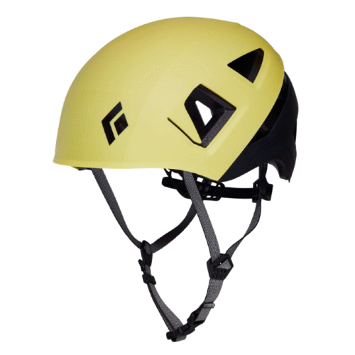 Un casco Black Diamond Capitan en color negro limón, tamaño M/L, con orificios de ventilación negros, correas ajustables negras y grises y un logotipo negro en el lateral, sobre un fondo blanco.