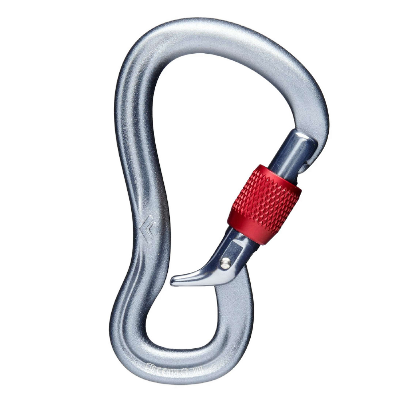 Un elegante mosquetón Mosquetón Black Diamond GridLock Screwgate con un diseño curvo que muestra su vibrante cierre de rosca rojo sobre un simple fondo blanco.