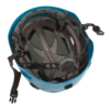 El casco Black Diamond Half Dome se muestra desde el interior, resaltando su color azul con acolchado gris, correas ajustables y una hebilla para la barbilla. Este casco encarna la comodidad y la seguridad, y refleja la meticulosa atención a los detalles de Black Diamond.