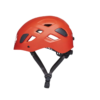 Un casco Black Diamond Half Dome, de un llamativo color rojo con ranuras de ventilación negras y una correa de barbilla ajustable, se presenta sobre un fondo blanco.