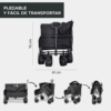 El Carro Kano Convertible en Sillón Sherpa Seat es un vehículo utilitario plegable de color negro con ruedas y asa. Con una altura de 76 cm y un ancho de 61 cm, ofrece un transporte sencillo al plegarse en tan solo cuatro pasos. En español, dice: "Plegable y fácil de transportar".