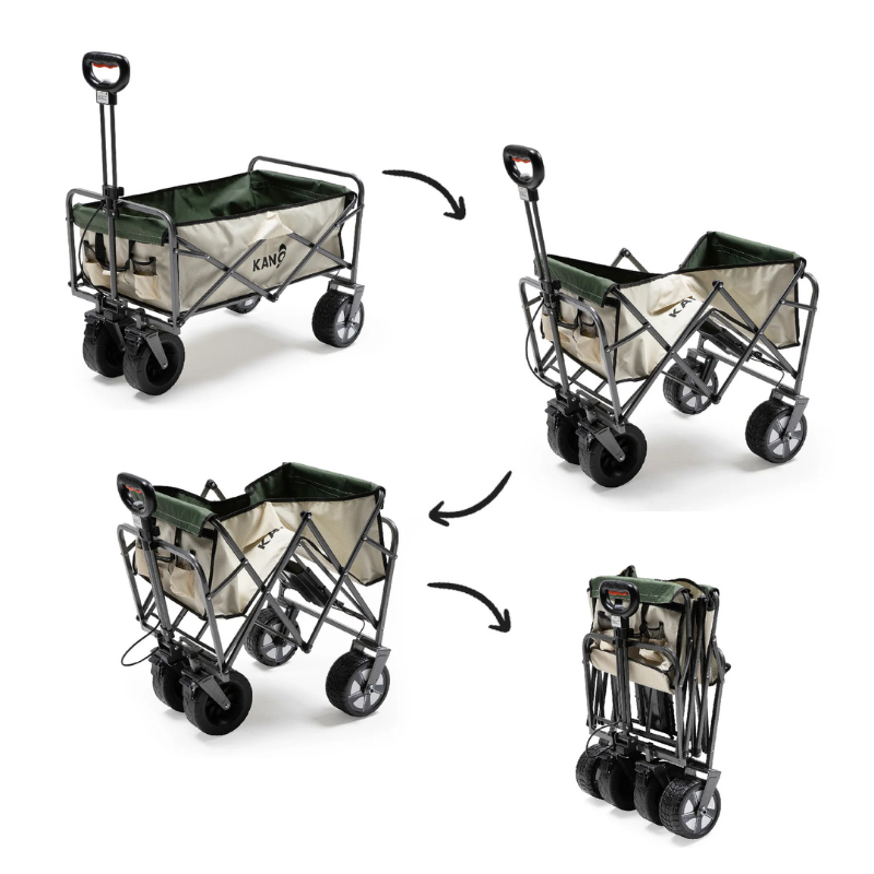Cuatro imágenes que muestran el Carro de Transporte Eléctrico Kano Sherpa Turbo Plegable a medida que pasa por diferentes etapas de plegado. El carro plegable está diseñado con un marco de metal negro y una plataforma de tela verde. Las flechas muestran cómo se convierte de un carro abierto a una posición vertical compacta.