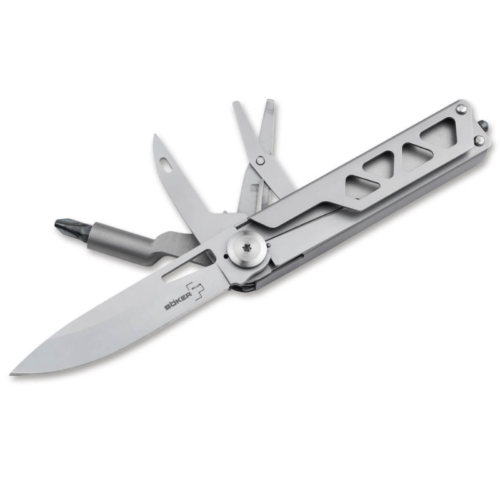 La herramienta de media hoja Navaja Boker Plus Specialist 09BO831 cuenta con un acabado de acero inoxidable, una hoja abierta, una punta de destornillador y otras herramientas extendidas. Su mango combina funcionalidad y estilo a través de un diseño de corte geométrico.