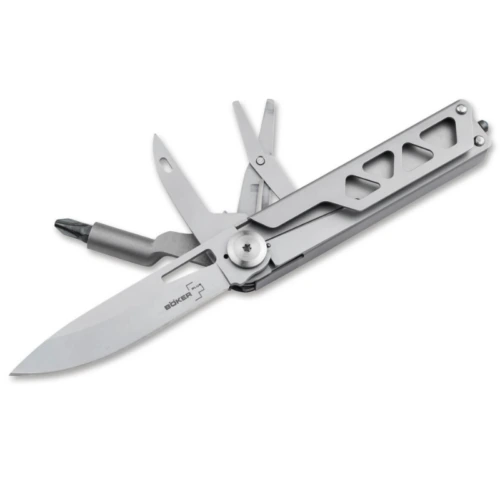 La herramienta de media hoja Navaja Boker Plus Specialist 09BO831 cuenta con un acabado de acero inoxidable, una hoja abierta, una punta de destornillador y otras herramientas extendidas. Su mango combina funcionalidad y estilo a través de un diseño de corte geométrico.