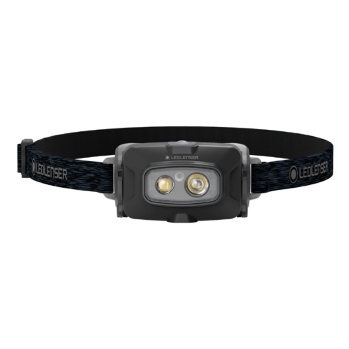 La elegante y duradera linterna frontal Led Lenser HF4R Core 500lm, con dos luces LED circulares y una correa ajustable negra, es perfecta para actividades al aire libre y te mantiene iluminado en cualquier aventura.