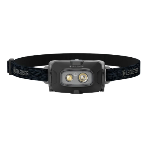 La elegante y duradera linterna frontal Led Lenser HF4R Core 500lm, con dos luces LED circulares y una correa ajustable negra, es perfecta para actividades al aire libre y te mantiene iluminado en cualquier aventura.